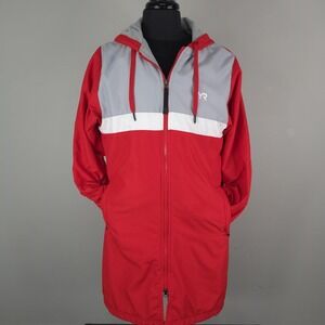 TYR Swim Parka Jacket Mens Medium Red Gray Fleece Lined Hooded Full Zip